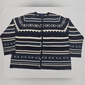 Karen Scott II Pure Wool Cardigan Sweater Women’s 1X Blue White Nordic Fair Isle